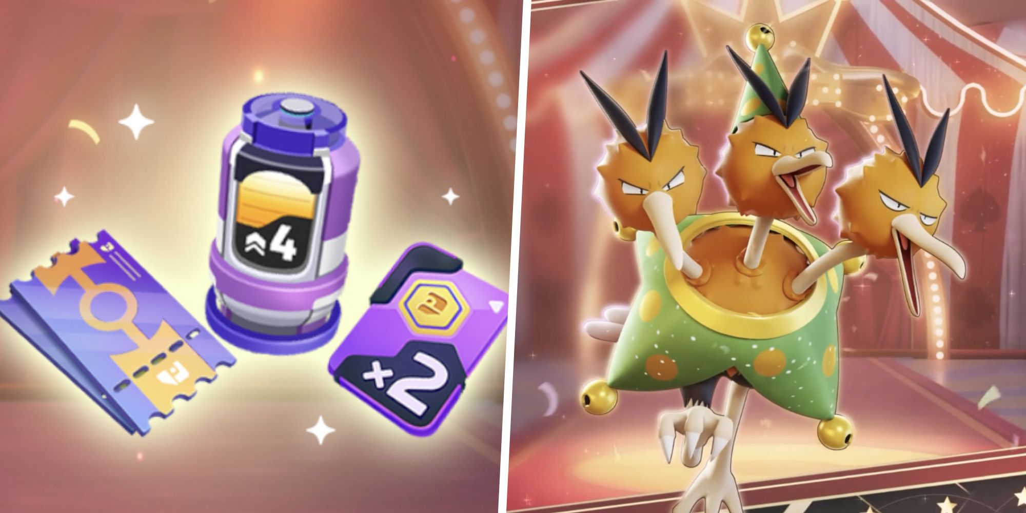 Aeos Tickets, an Energy Boost Tank, and Aeos Coin Boost Card split with Performer Style: Dodrio