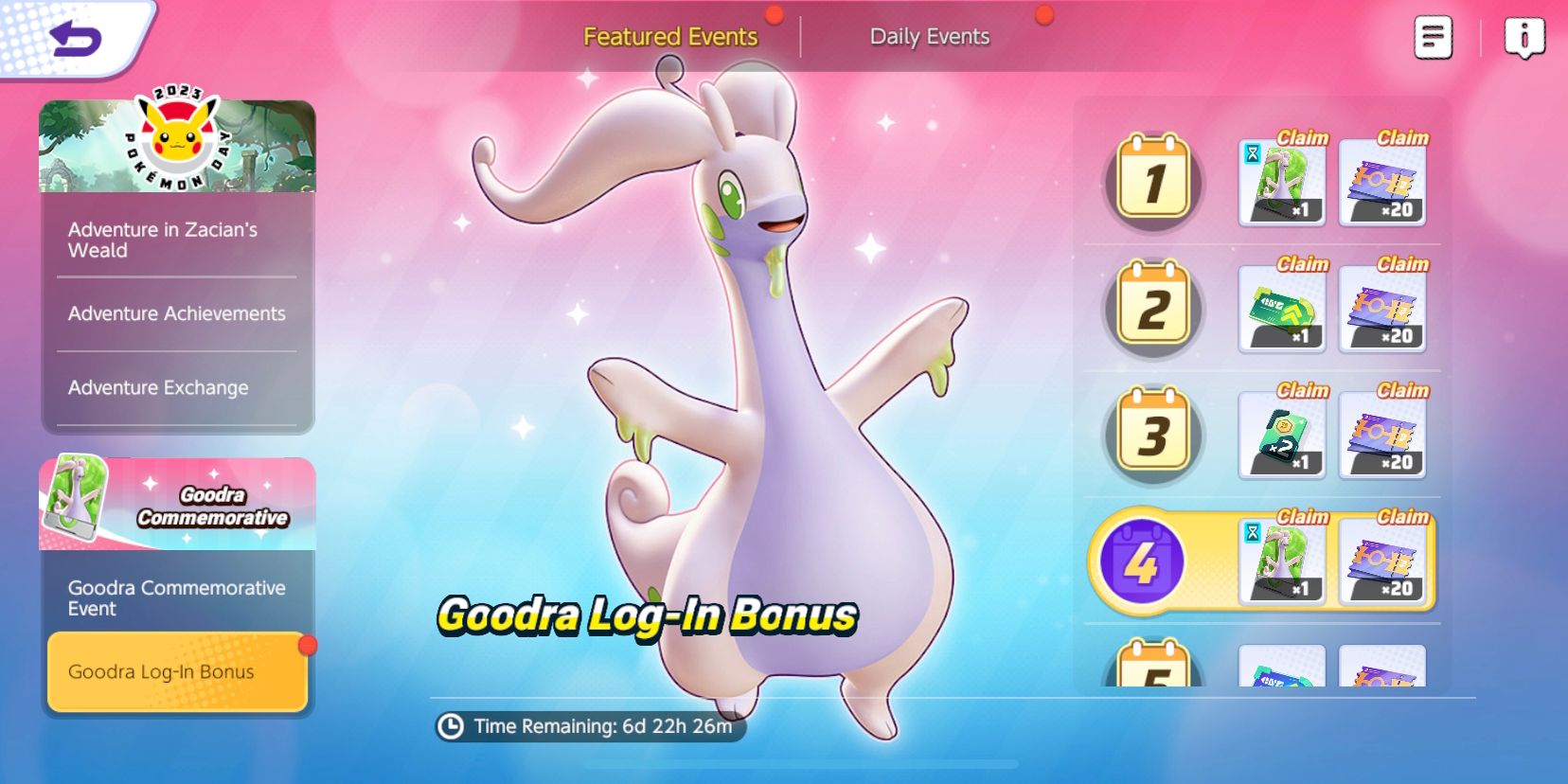 Goodra Log-In Bonus begivenhedsskærm fra Pokemon Unite, der viser forskellige log-in belønninger
