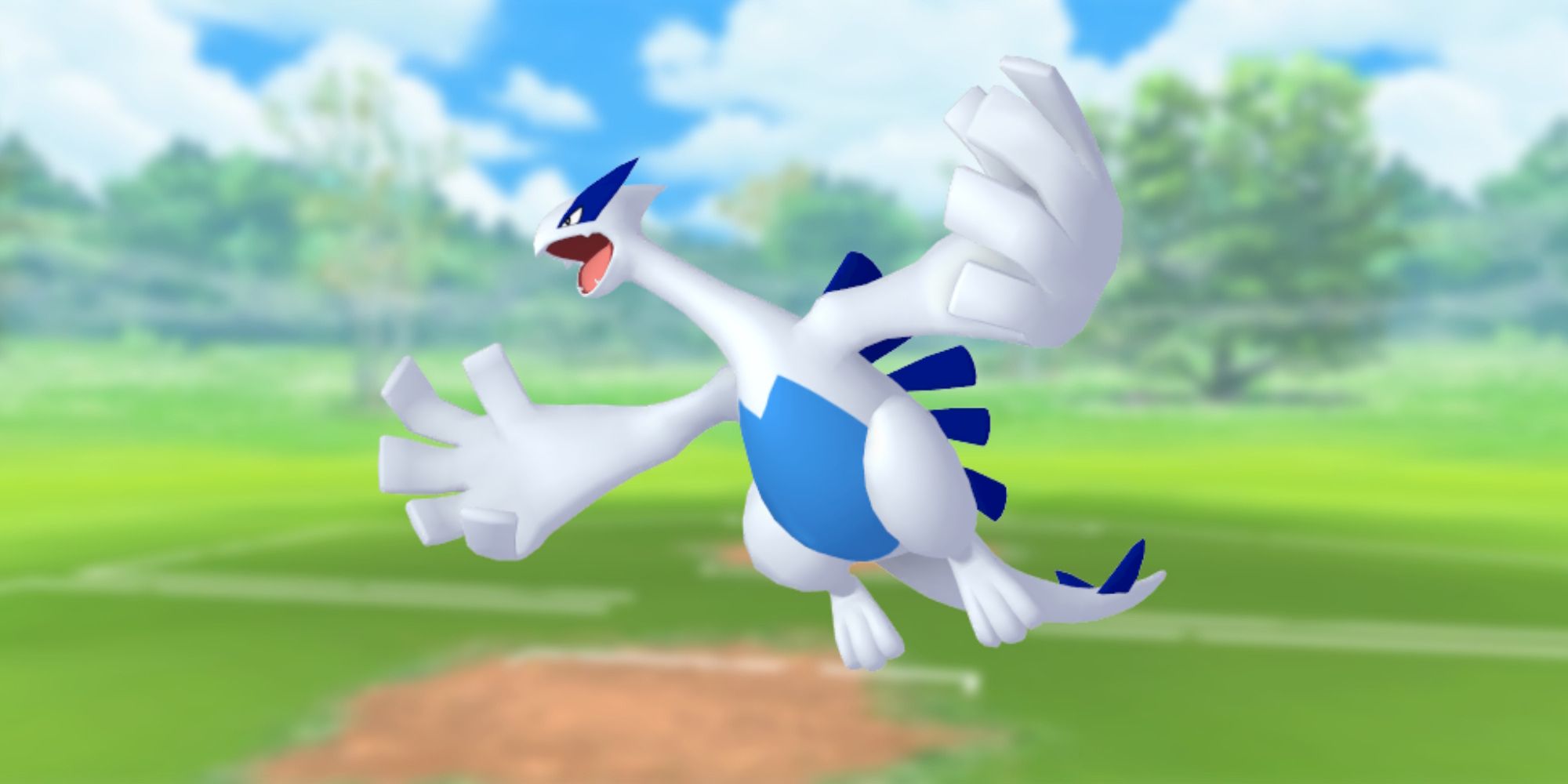 Lugia fra Pokemon med Pokemon Go-slagmarken som baggrund