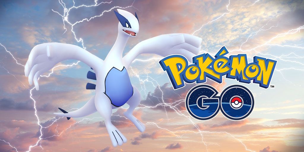 Lugia flyver på himlen fyldt med lyn, med Pokemon Go-logoet til højre