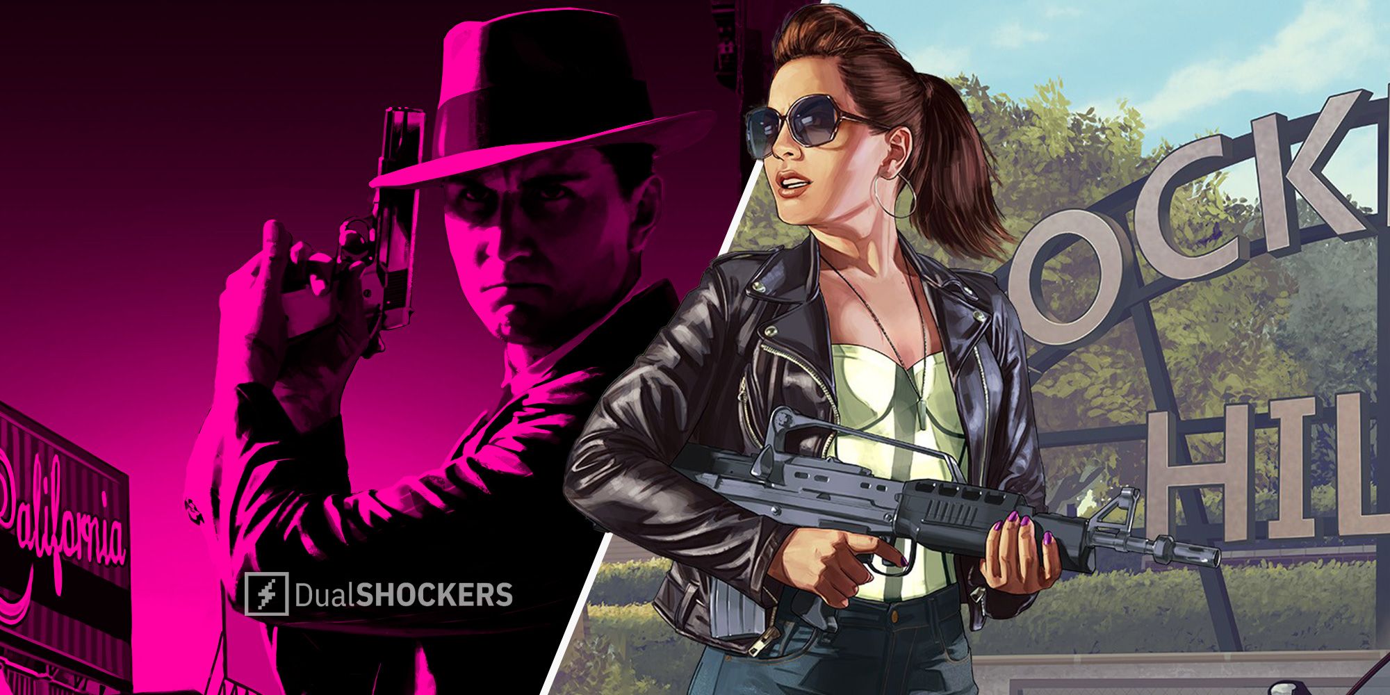 A collage of Cole Phelps and a female GTA Online character.