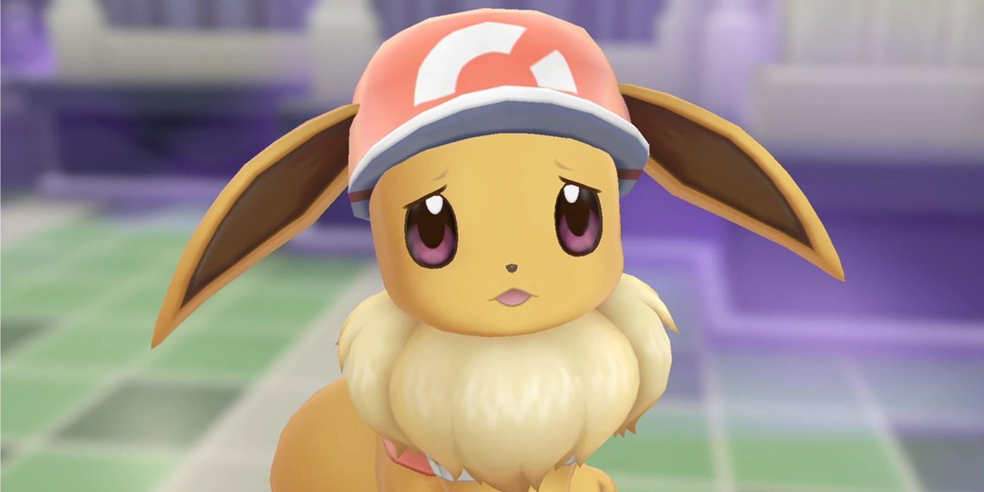 sad eevee wearing a hat in pokemon let's go