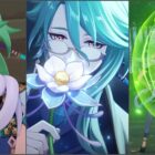 Genshin Impact: Baizhu with Changsheng, Baizhu smelling a glaze lily, and Baizhu's basic attack