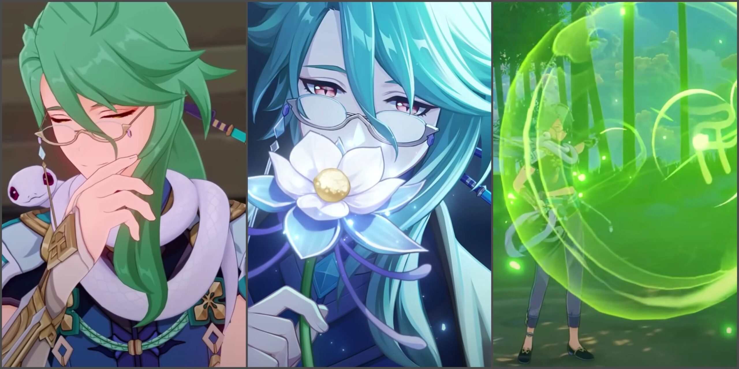Genshin Impact: Baizhu with Changsheng, Baizhu smelling a glaze lily, and Baizhu's basic attack