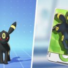 Image of Umbreon split with an image of the Umbreon Unite License, both from Pokemon Unite