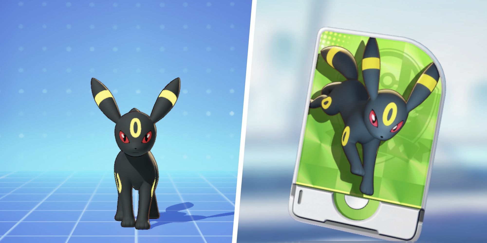 Image of Umbreon split with an image of the Umbreon Unite License, both from Pokemon Unite