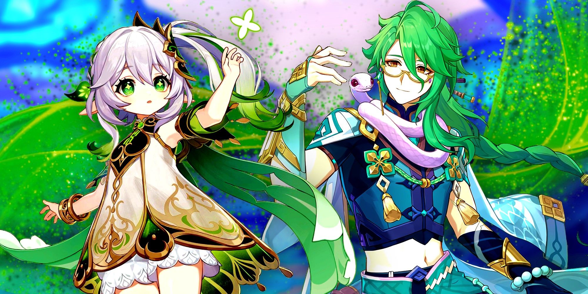 Genshin Impact's Nahida extends her hand to the left while Baizhu looks at his own hand on the right.