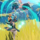 Genshin Impact: Jean using her Elemental Skill Attack on some Slimes.