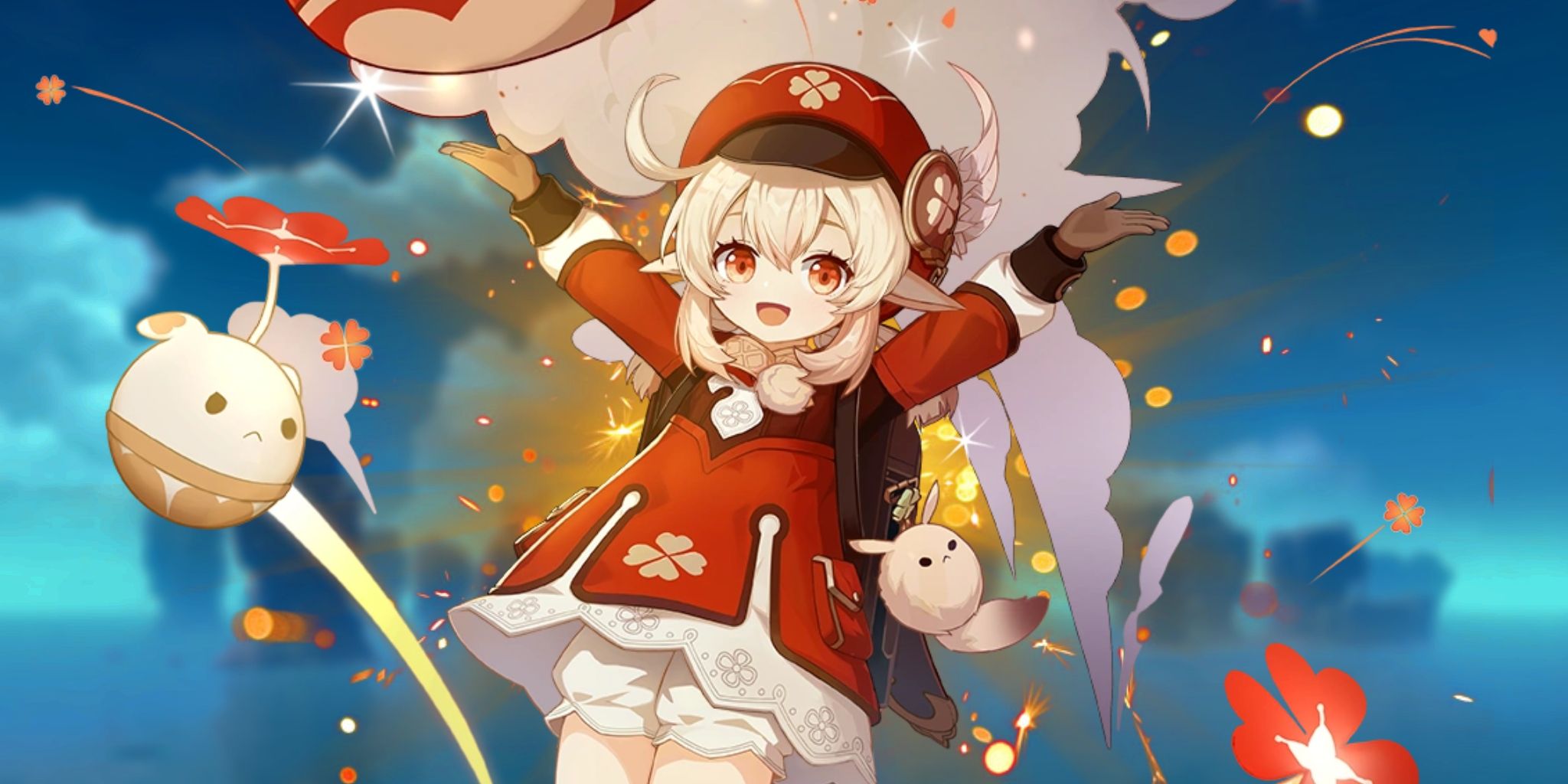 Genshin Impact's Klee happily jumps and throws out bombs. There is an explosion effect behind her.