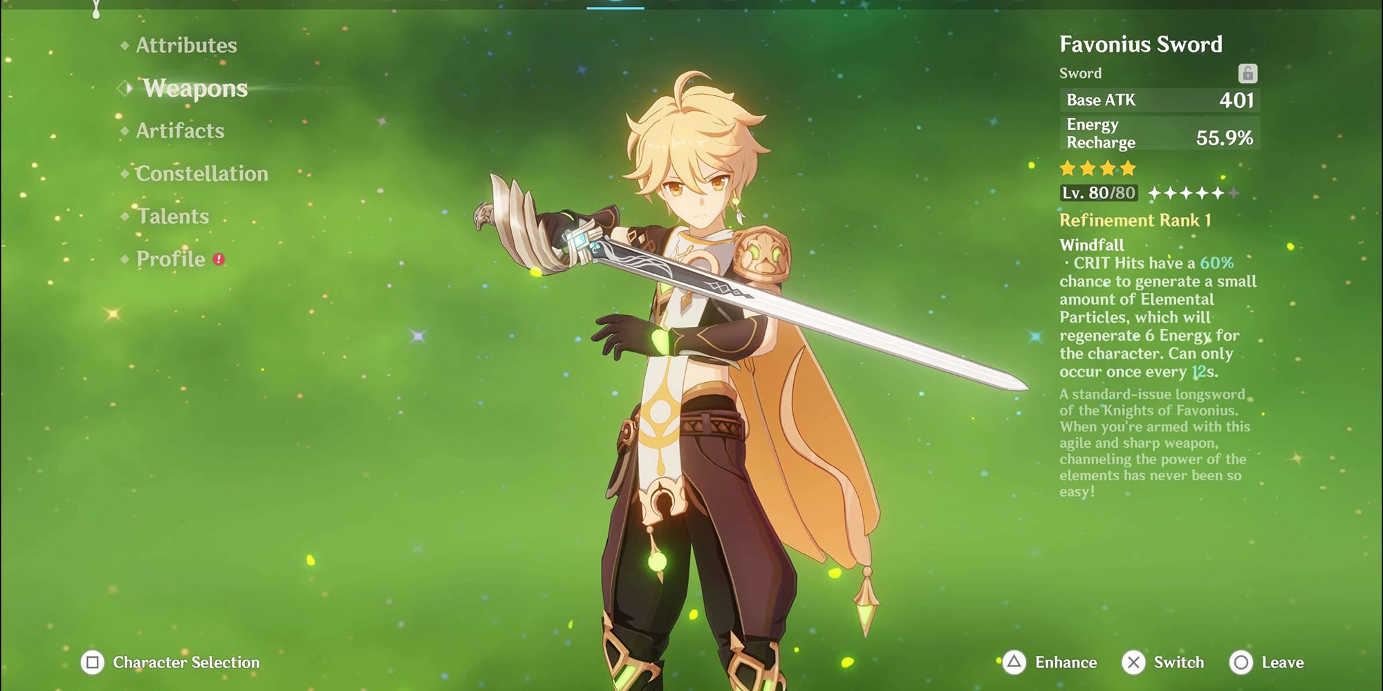 Genshin Impact Dendro Traveler holder Favonius Sword på menuskærmen