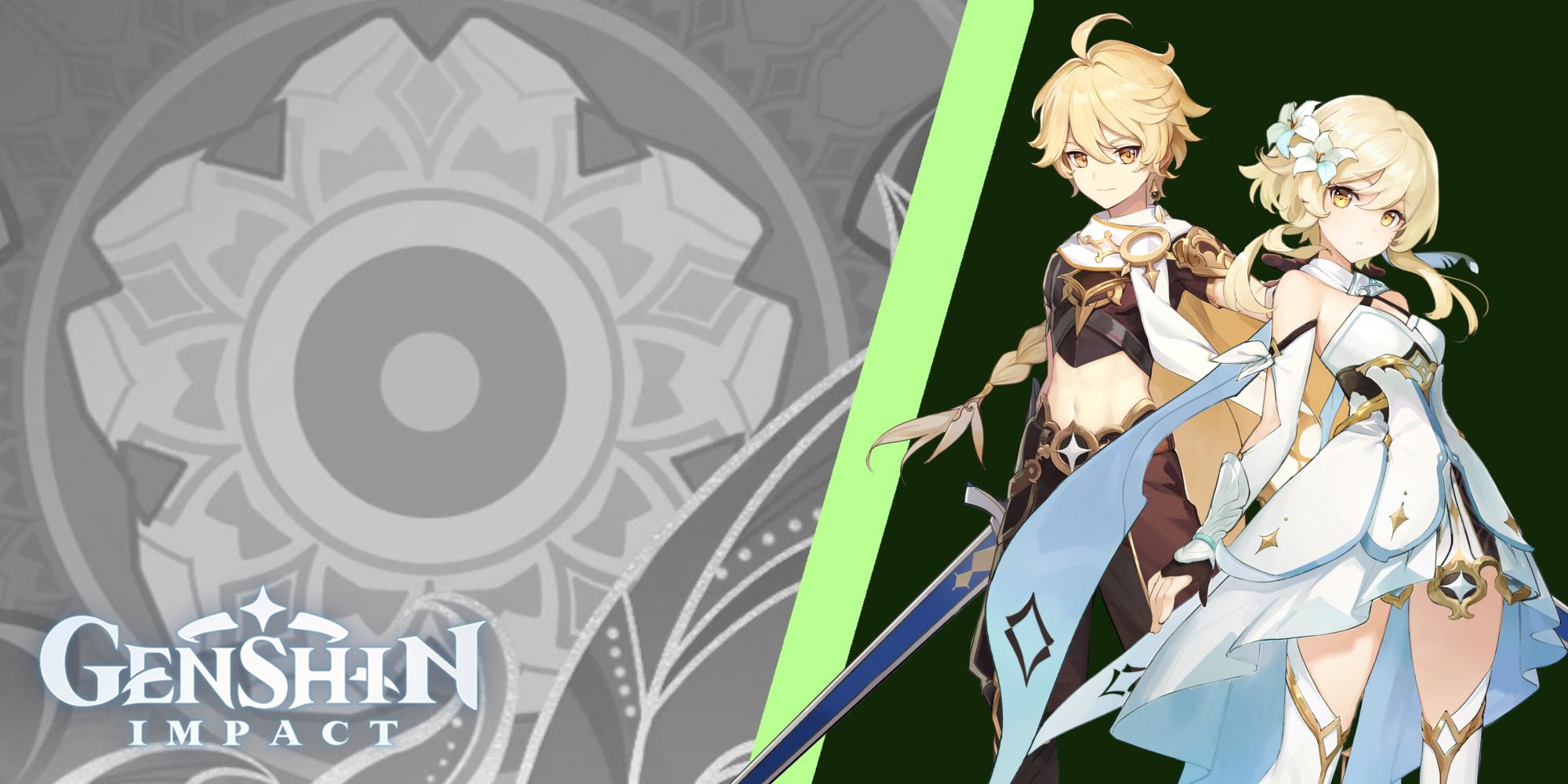 Genshin Impact split image game logo with icon and Travellers standing together