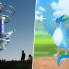 Image of people around a Pokemon Go Raid split with an image of Articuno