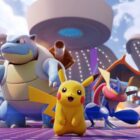 Pikachu, Greninja, Blastoise, Charizard, and Alolan Ninetails stand in a stadium
