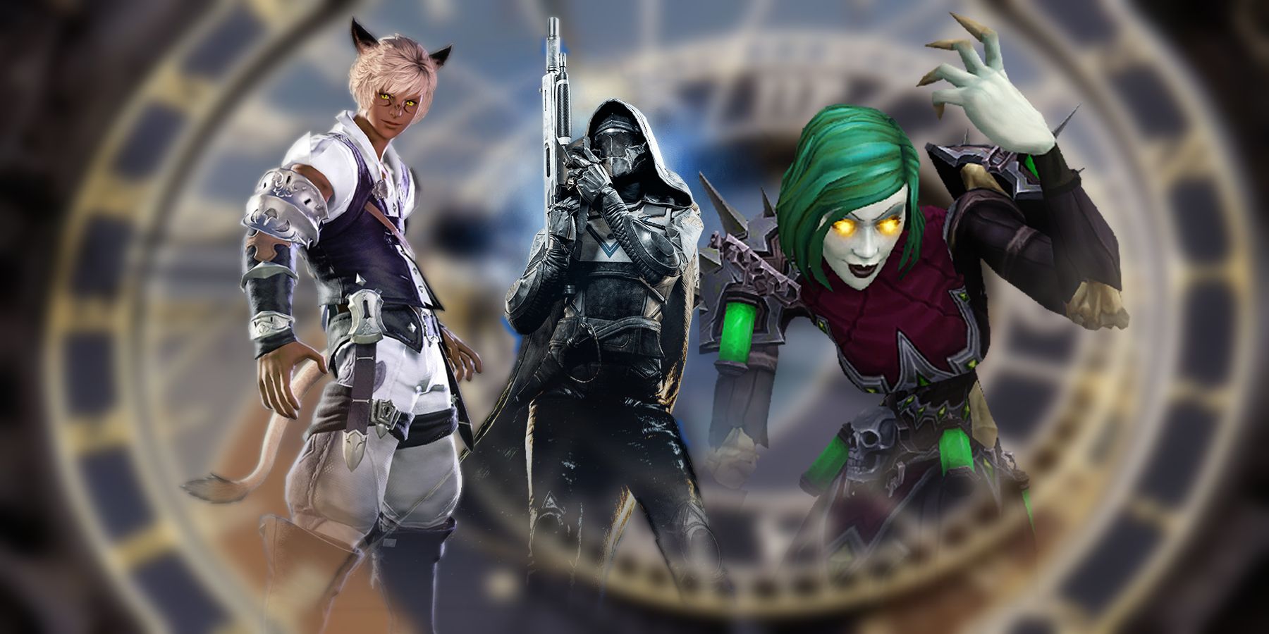 final-fantasy-14-destiny-2-world-of-warcraft-class-characters-over-astrological-clock