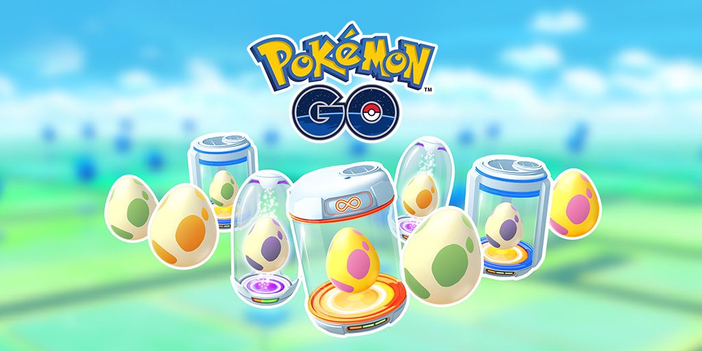 Flere forskellige Pokemon Go-æg og rugemaskiner med Pokemon Go-logoet ovenfor