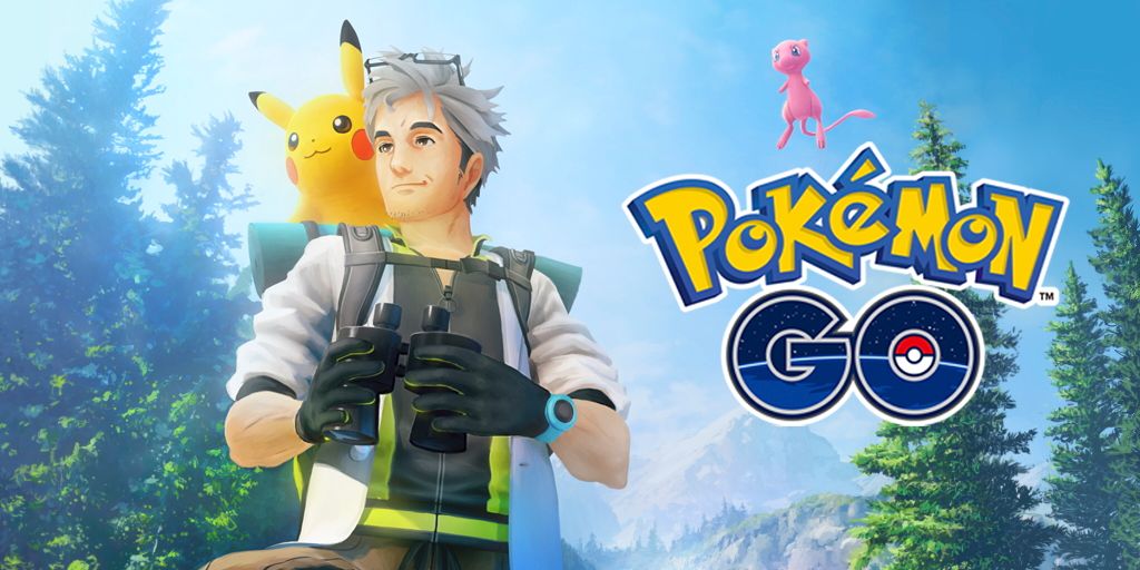 Professor Willow med Pikachu på skulderen, med Mew og Pokemon Go-logoet til højre