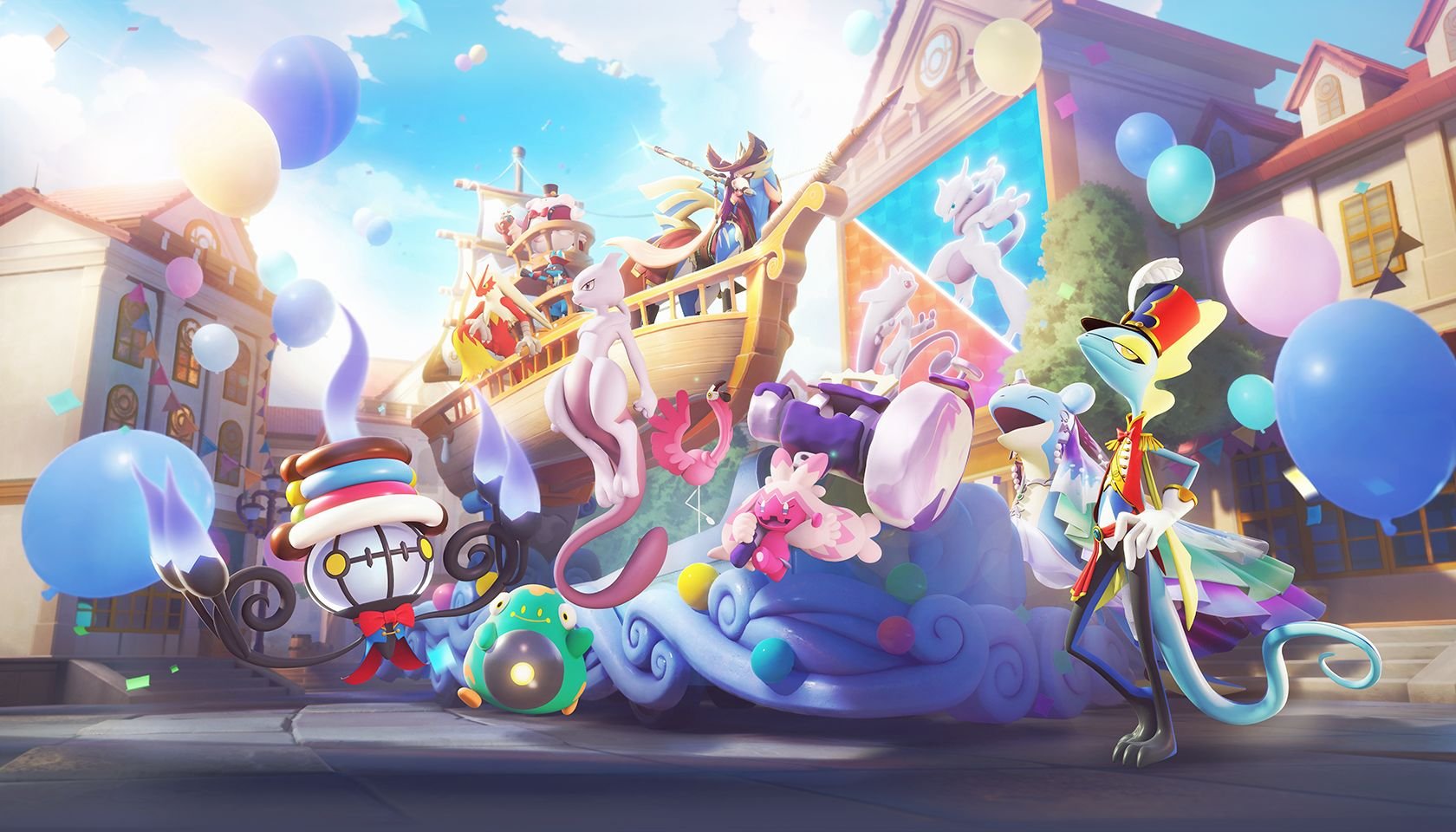 Pokemon UNITE second anniversary splash art featuring mewtwo, inteleon, chandelure, zacian, blaziken, lucario, blissey, lapras.