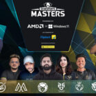 A dynamic collage featuring the Koramangala Indoor Stadium, action-packed moments from CSGO gameplay, and silhouettes of the mentioned gaming influencers with the Skyesports Masters 2023 logo prominently displayed.