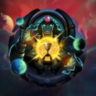 A cosmic background with stars and planets, with Oracle from Dota 2 hovering ahead of the background.