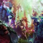 Leshrac, Monkey King, Axe, and Enchantress fighting in Dota 2.