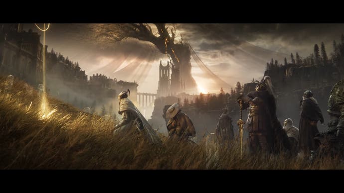 Shadow of the Erdtree story trailer screenshot, der viser flere pansrede karakterer, der står ved et mærkeligt gyldent symbol med kæmpe træ i baggrunden