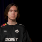 Donk, from Team Spirit, stares forward at a media day for CS:GO.