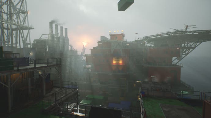 Still Wakes the Deep officielt skærmbillede, der viser det ydre af en olieplatform mod en grå himmel