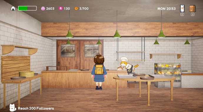 En skolepige nærmer sig en kat i bagertøj i Neko Odyssey.