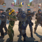 Counter-Strike 2 operators on the same team lined up pre-match, with their gamertags overhead
