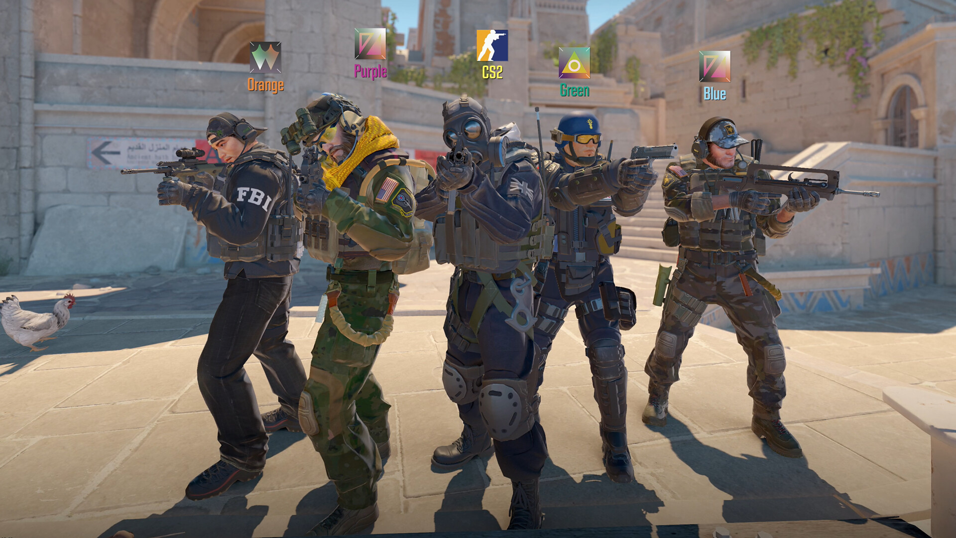 Counter-Strike 2 operators on the same team lined up pre-match, with their gamertags overhead