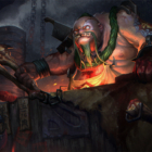 A large butcher sits at a desk with a hook in Dota 2.