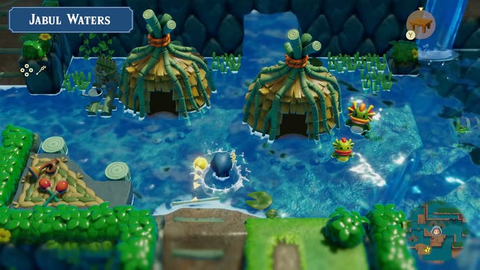 The Legend of Zelda: Echoes of Wisdom trailer-skærmbillede, der viser landsbyen Zora i Jabul Water med musikinstrumenter