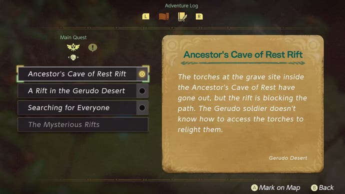 The Legend of Zelda: Echoes of Wisdom trailer-skærmbillede, der viser hendes Adventure Log med quests
