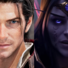 The Warrior of Light from Final Fantasy 14 and Xal'atath from World of Warcraft look towards the camera in an image split down the middle, representing their respective trailers.