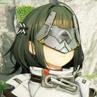 A screenshot of Arknights: Endfield. A masked character with dark hair stands in front of a grassy rockface.