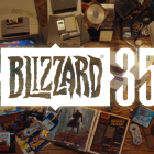 A vintage computer setup with Blizzard logo and '35' prominently displayed over a cluttered desk featuring retro gaming