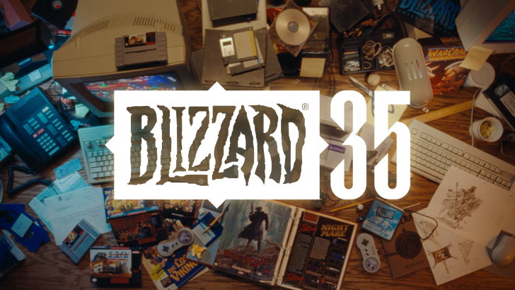 A vintage computer setup with Blizzard logo and '35' prominently displayed over a cluttered desk featuring retro gaming