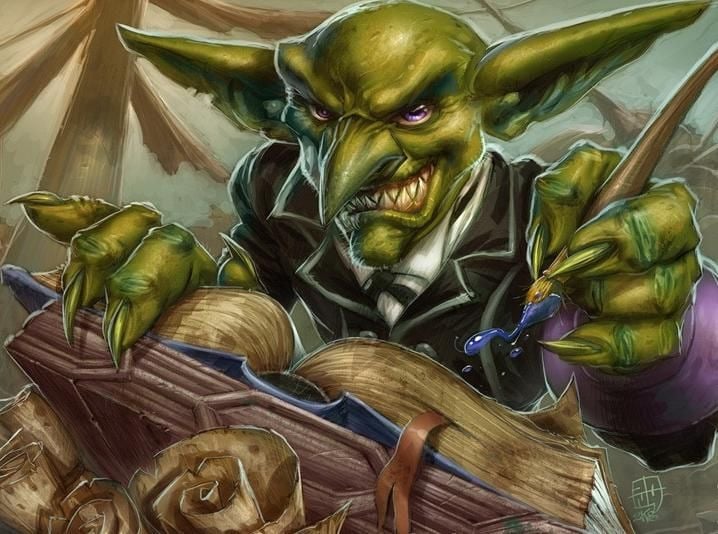 A goblin writes in a book.