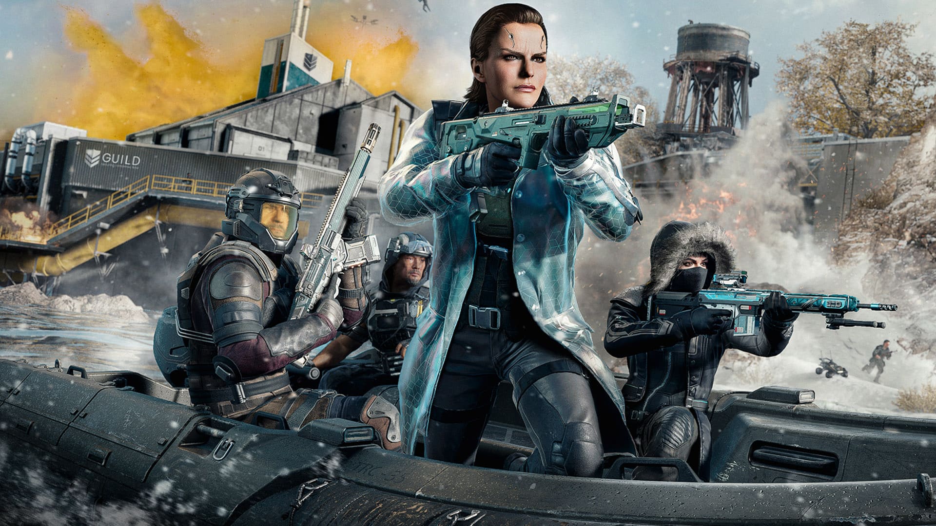 Image of Call of Duty players holding weapons while travelling in small boat