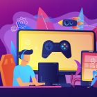 A cartoon man surrounded by colourful gaming iconography.