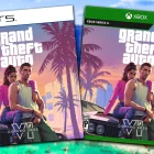 Two video game covers for Grand Theft Auto VI (GTA 6) are displayed side-by-side. The cover on the left is for PlayStation 5 (PS5). The cover on the right is for Xbox Series X. Both covers show the same artwork: two characters, a man and a woman, sitting on the hood of a car with a sunset, palm trees, and a cityscape in the background. The game's logo, "Grand Theft Auto VI", is prominently displayed on both covers. Both also include "Coming 2025". The background is the beach and skyline of Vice City.