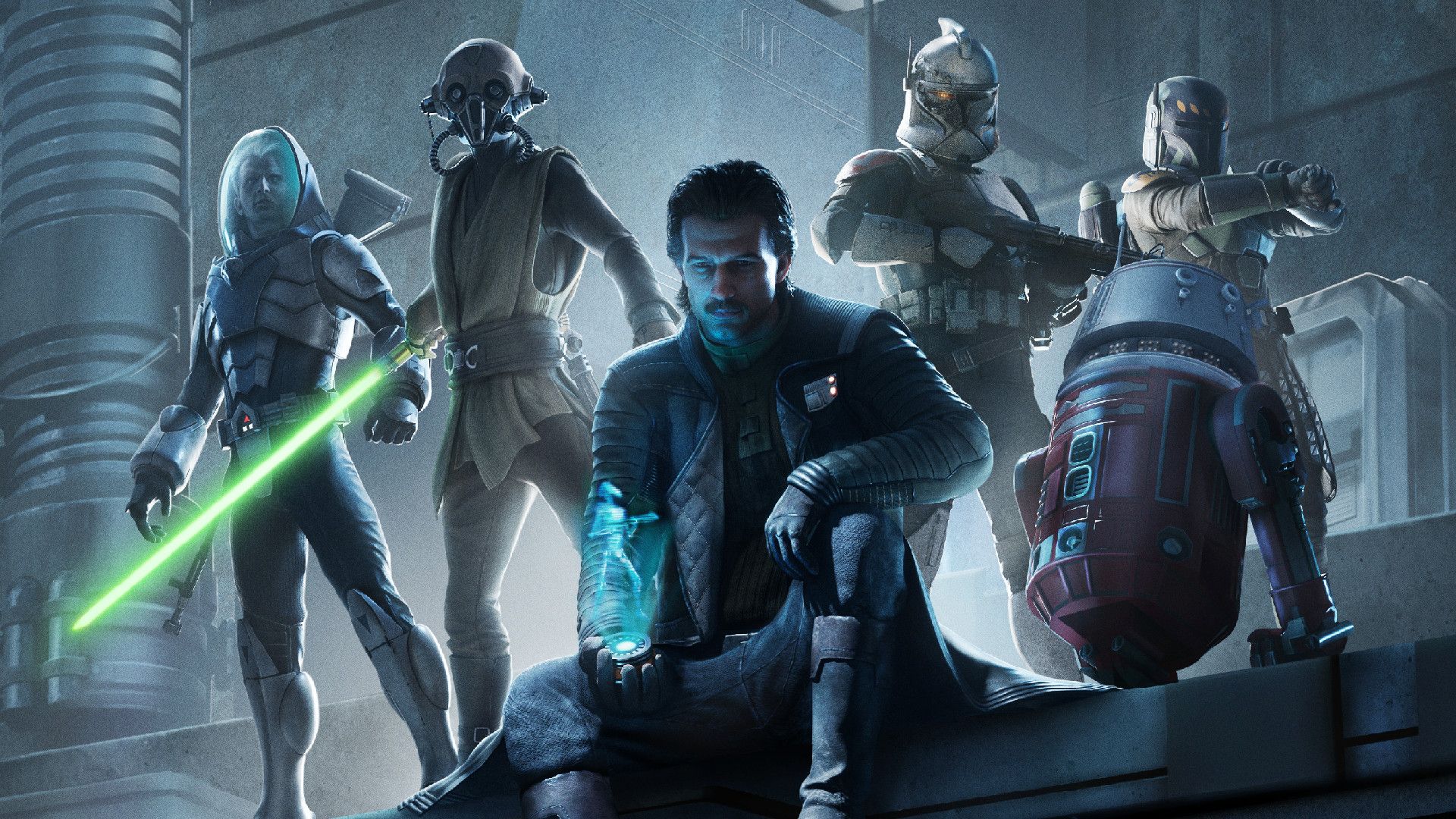 Six characters pose heroically in art for Star Wars: Zero Company