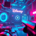 Epic Games: Et nyt Disney-inspireret skydespil vækker sensation, men hvem vil drage fordel af det? A visually striking 3D illustration depicting the user interface of a Disney-themed extraction shooter game, with glowing neon-lit tech elements and a sense of high-tech, cyberpunk-inspired aesthetics.