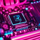 A highly detailed, 3D macro illustration of a glowing, neon-lit computer motherboard or circuit board, representing the complex digital infrastructure behind the gaming industry. The image features recognizable physical tech elements like processors, memory chips, and data cables, all illuminated by pulsing cyan and magenta lights, conceptually illustrating the technological complexities and uncertainties facing the gaming industry.