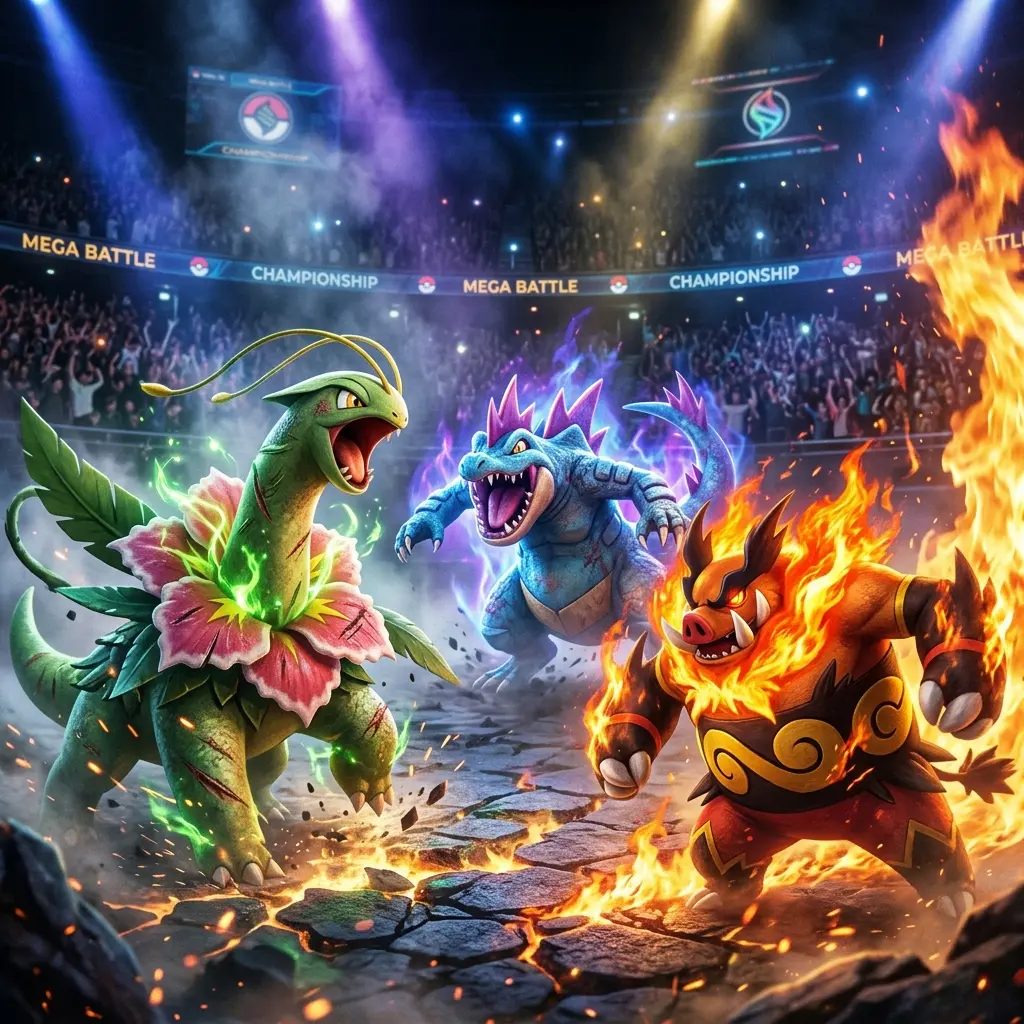 Mega Meganium, Mega Emboar, and Mega Feraligatr in competitive battle arena for Pokémon Champions