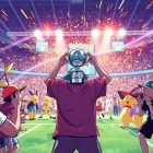 A cubist-style painting depicting a Pokémon Go match, with sharp, overlapping geometric planes representing the raw energy and tension of the competition.