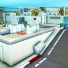 A screenshot of the Counter-Strike Dust 2 map made with World of Warcraft's player housing tools. A road leads upward toward a blue fence. A building with a red mark and crates on top is also in view.