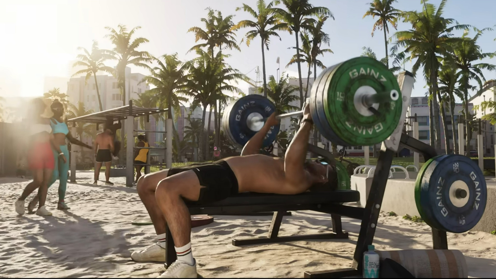 Picture of an NPC in GTA bench pressing on a beach
