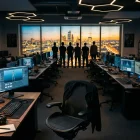 Empty game development office with developer silhouettes standing together in solidarity at sunset