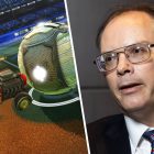 Unreal Engine 6: Epic afslører sit første vovede spil, langt fra Fortnite. Side by side of Rocket League gameplay and Tim Sweeney, Epic CEO, wearing a suit and tie.